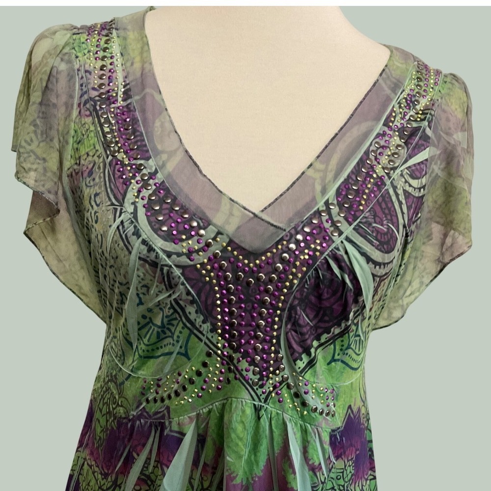 Unity World Wear Paisley Beaded Liquid Dress Womens PS Green Purple Fairy